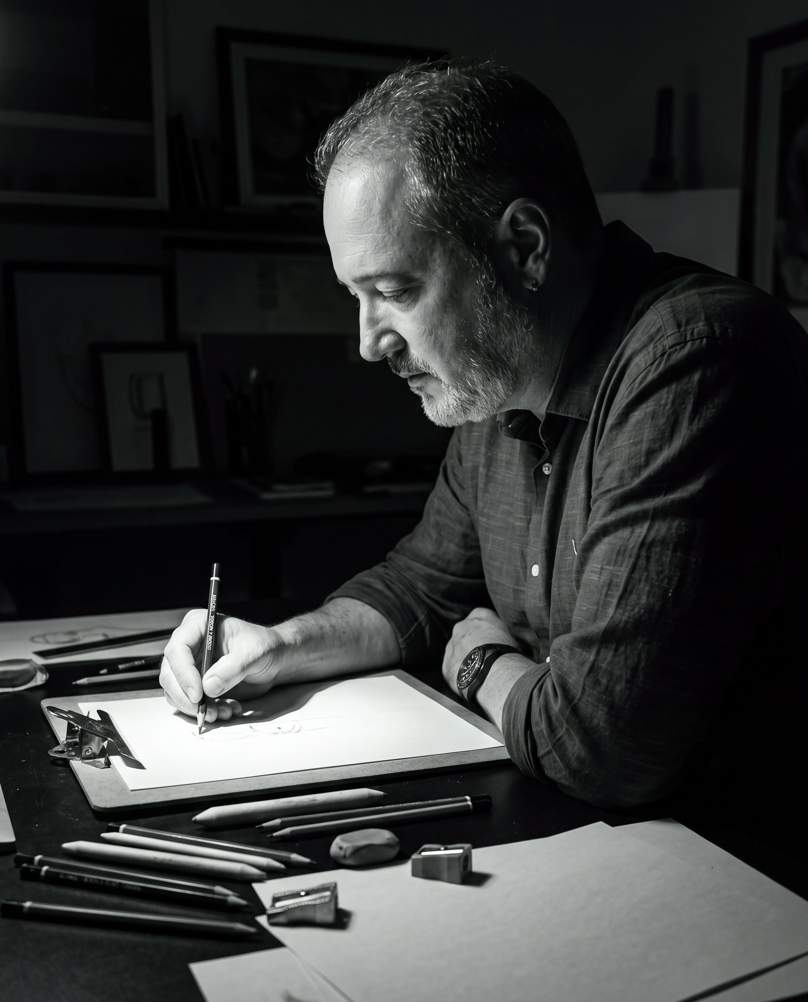 Rodrigo Teixeira desenhando a lápis na prancheta